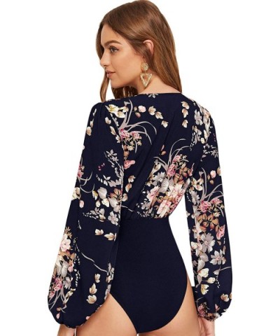 Women's Long Sleeve Wrap V-Neck Leotard Jumpsuit Bodysuit - Floral Navy-1 - C718Z5YWSSE $42.20 Shapewear