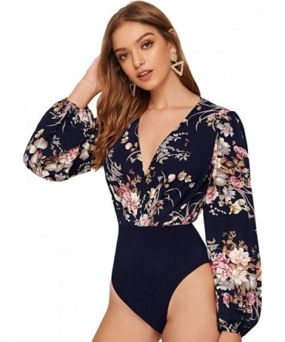 Women's Long Sleeve Wrap V-Neck Leotard Jumpsuit Bodysuit - Floral Navy-1 - C718Z5YWSSE $42.20 Shapewear