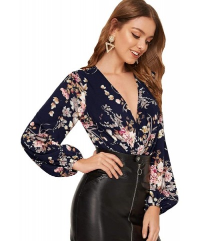 Women's Long Sleeve Wrap V-Neck Leotard Jumpsuit Bodysuit - Floral Navy-1 - C718Z5YWSSE $42.20 Shapewear