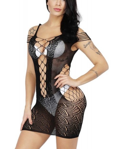 Women's Fishnet Lingerie Plus Size Mesh Hole Strap Chemise Babydoll Mini Dress - Black - CY18QH55ACG $12.74 Baby Dolls & Chem...