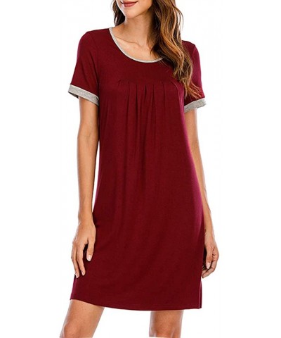 Nightgown for Women Short Sleeve Sleepwear Comfy Sleep Dress - Wine Red - CK19CM5IL5Y $50.86 Nightgowns & Sleepshirts