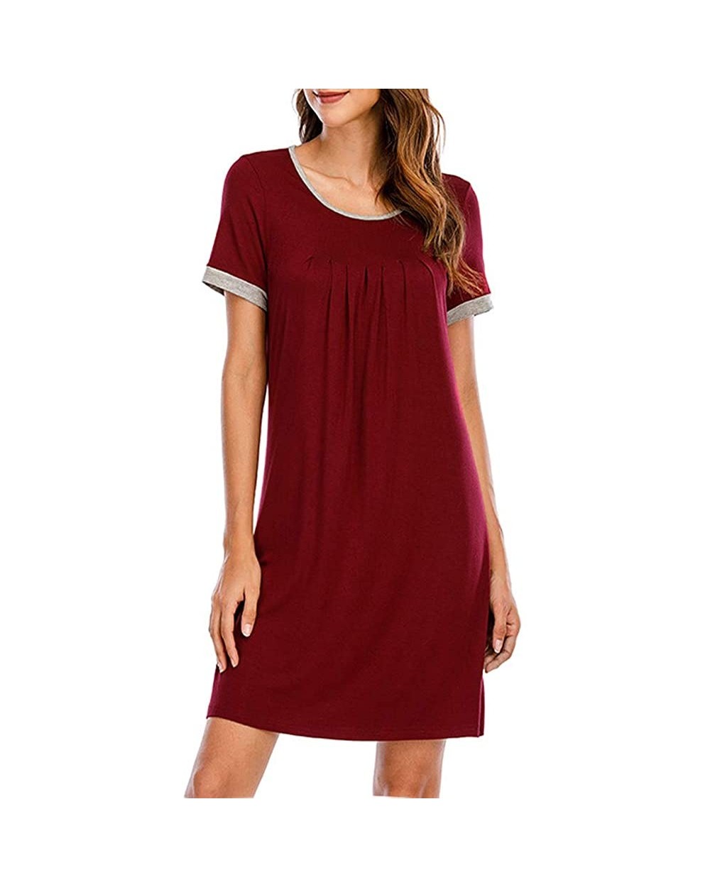 Nightgown for Women Short Sleeve Sleepwear Comfy Sleep Dress - Wine Red - CK19CM5IL5Y $50.86 Nightgowns & Sleepshirts