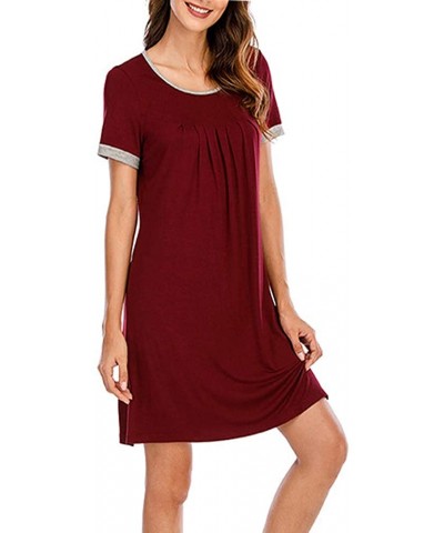 Nightgown for Women Short Sleeve Sleepwear Comfy Sleep Dress - Wine Red - CK19CM5IL5Y $50.86 Nightgowns & Sleepshirts