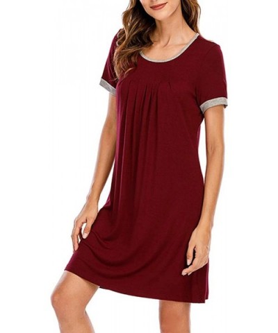 Nightgown for Women Short Sleeve Sleepwear Comfy Sleep Dress - Wine Red - CK19CM5IL5Y $50.86 Nightgowns & Sleepshirts