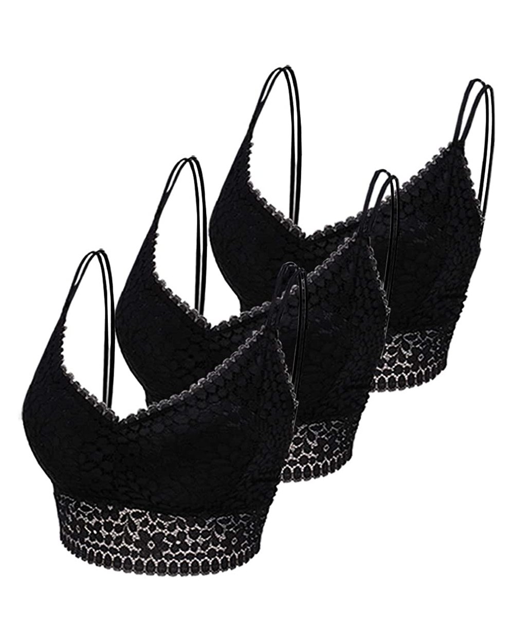 Women Lace Camisole Bralette Wirefree Double Strap Longline Bralette Lightweight Padded Cami Bra Girls A-C Cup - 3 Black - C9...