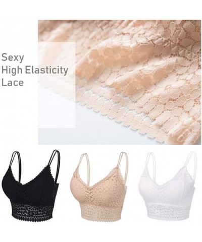 Women Lace Camisole Bralette Wirefree Double Strap Longline Bralette Lightweight Padded Cami Bra Girls A-C Cup - 3 Black - C9...