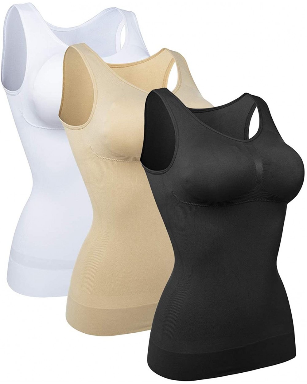 Women Seamless Shapewear Tank Top Tummy Control Vest Top Body Shaper Built in Shelf Bra Shirt - White+black+nude - CX1923A5RM...