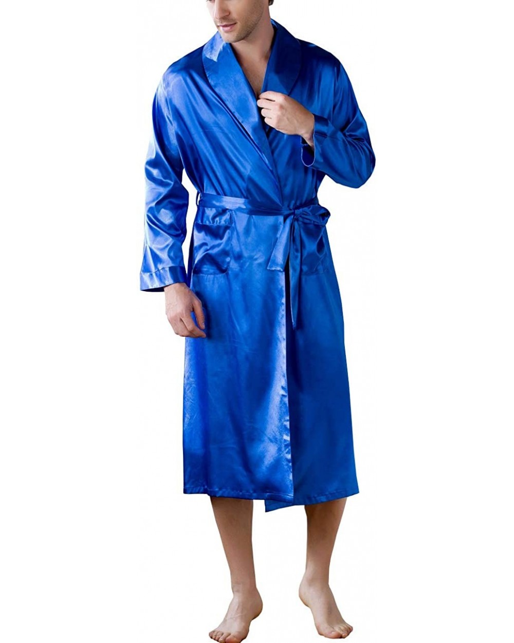 Men's Plain Color Long Sleeve Pajama Nightwear Silk Bathrobe - Royal Blue - CB18A8XNYRE $37.12 Robes