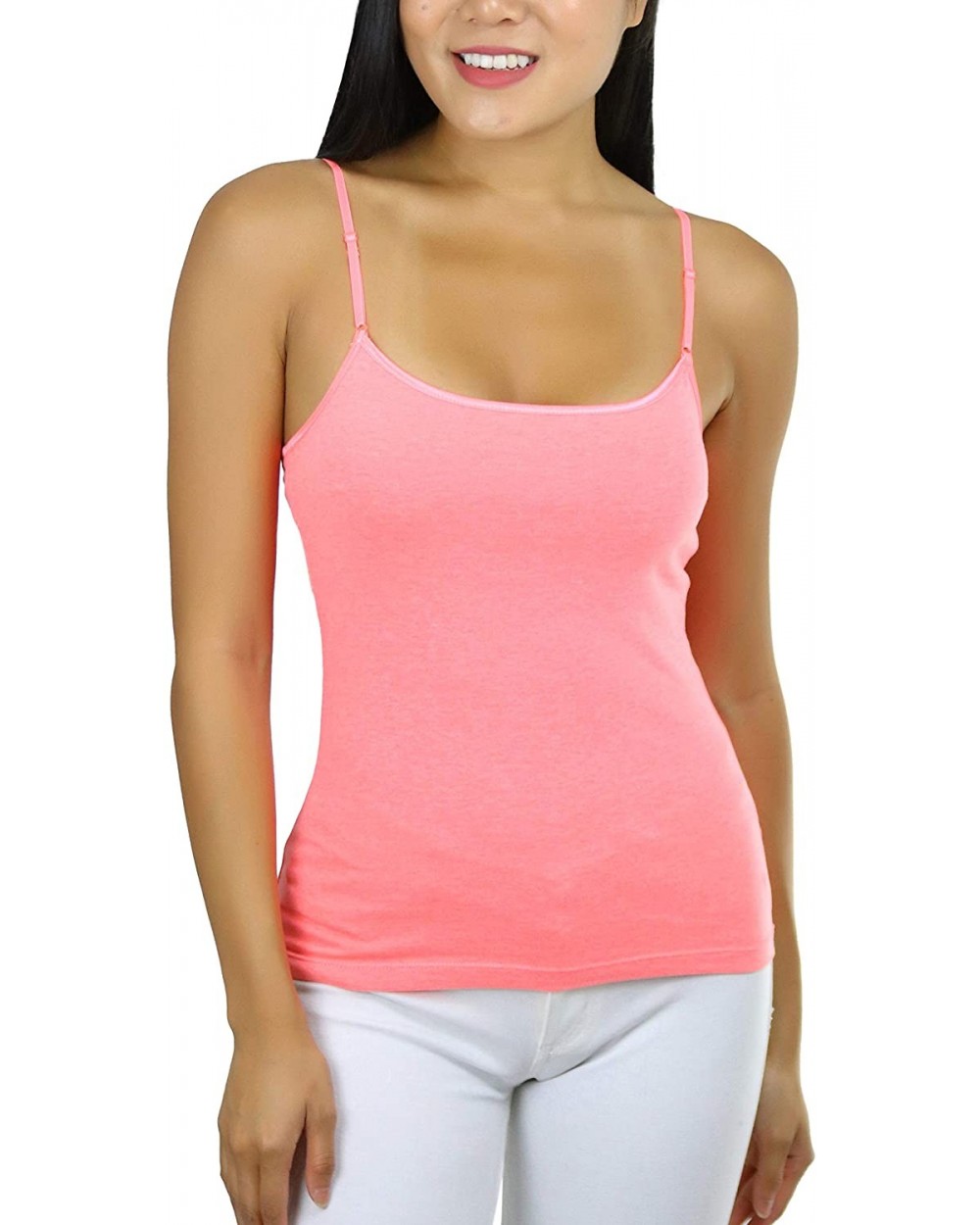 Junior's Classic Cotton Blend Adjustable Strap Camisole Top w/Built in Bra - Neon Coral - CZ18WXTG8M8 $13.37 Camisoles & Tanks