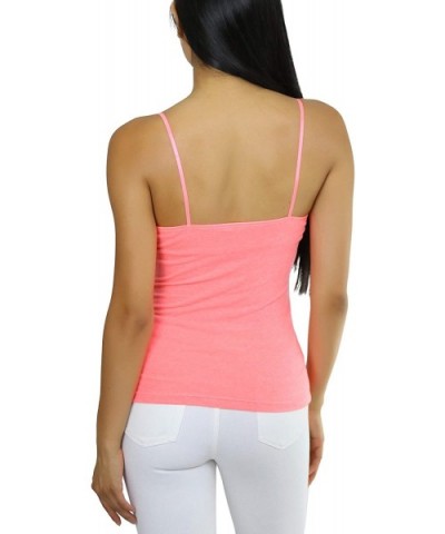 Junior's Classic Cotton Blend Adjustable Strap Camisole Top w/Built in Bra - Neon Coral - CZ18WXTG8M8 $13.37 Camisoles & Tanks