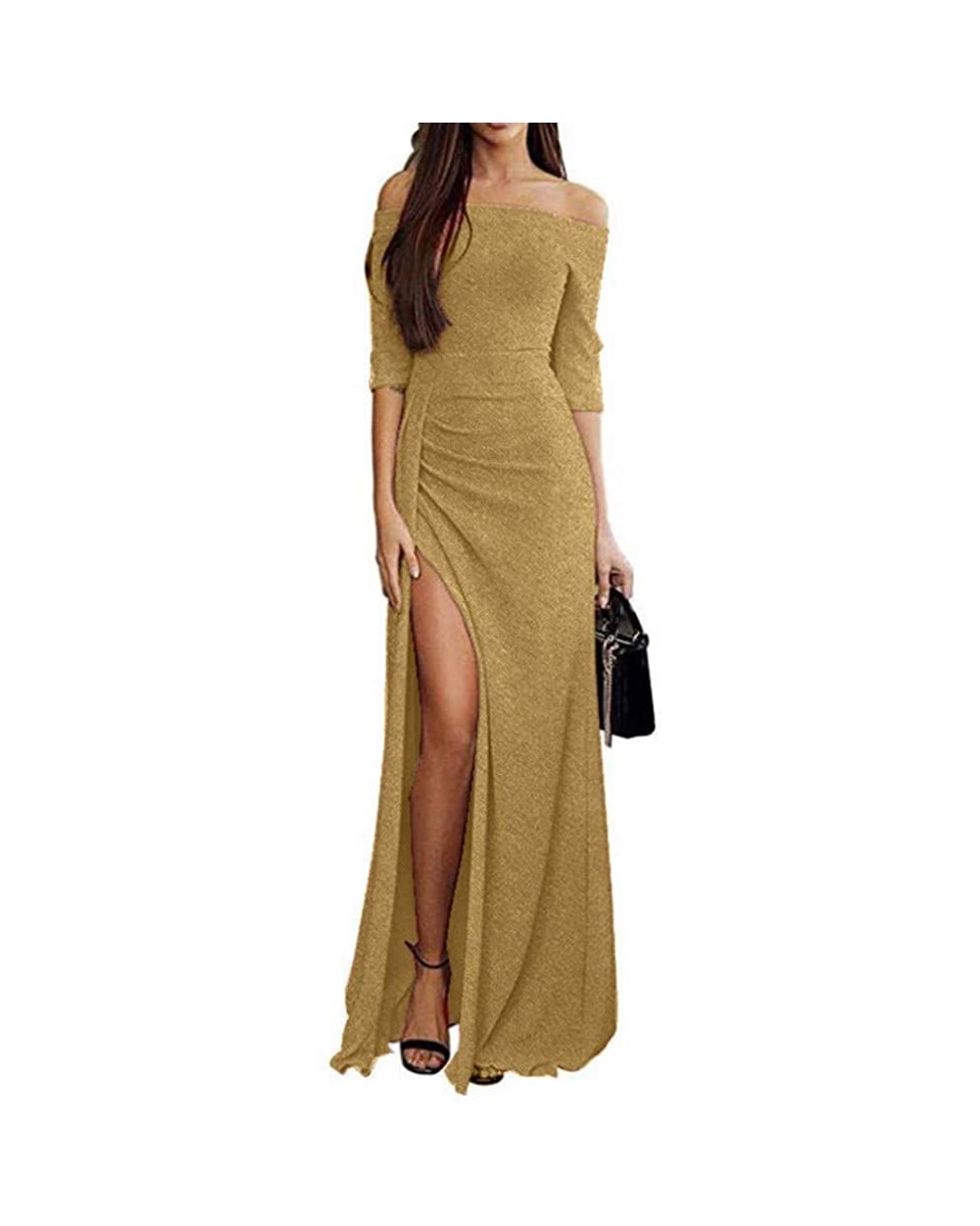 Dress 2018 Dress For Women For Party-Sexy Off Maxi Tunic Dress - Gold - CB18LQW8OC0 $25.49 Slips