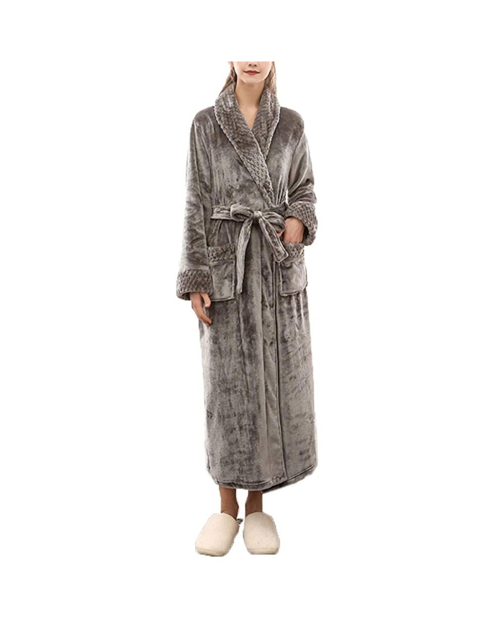 Unisex Soft Solid Color Thick Warm Long Bath Robe Home Gown Sleepwear - Grey Women - CV196EDOKLH $47.97 Robes