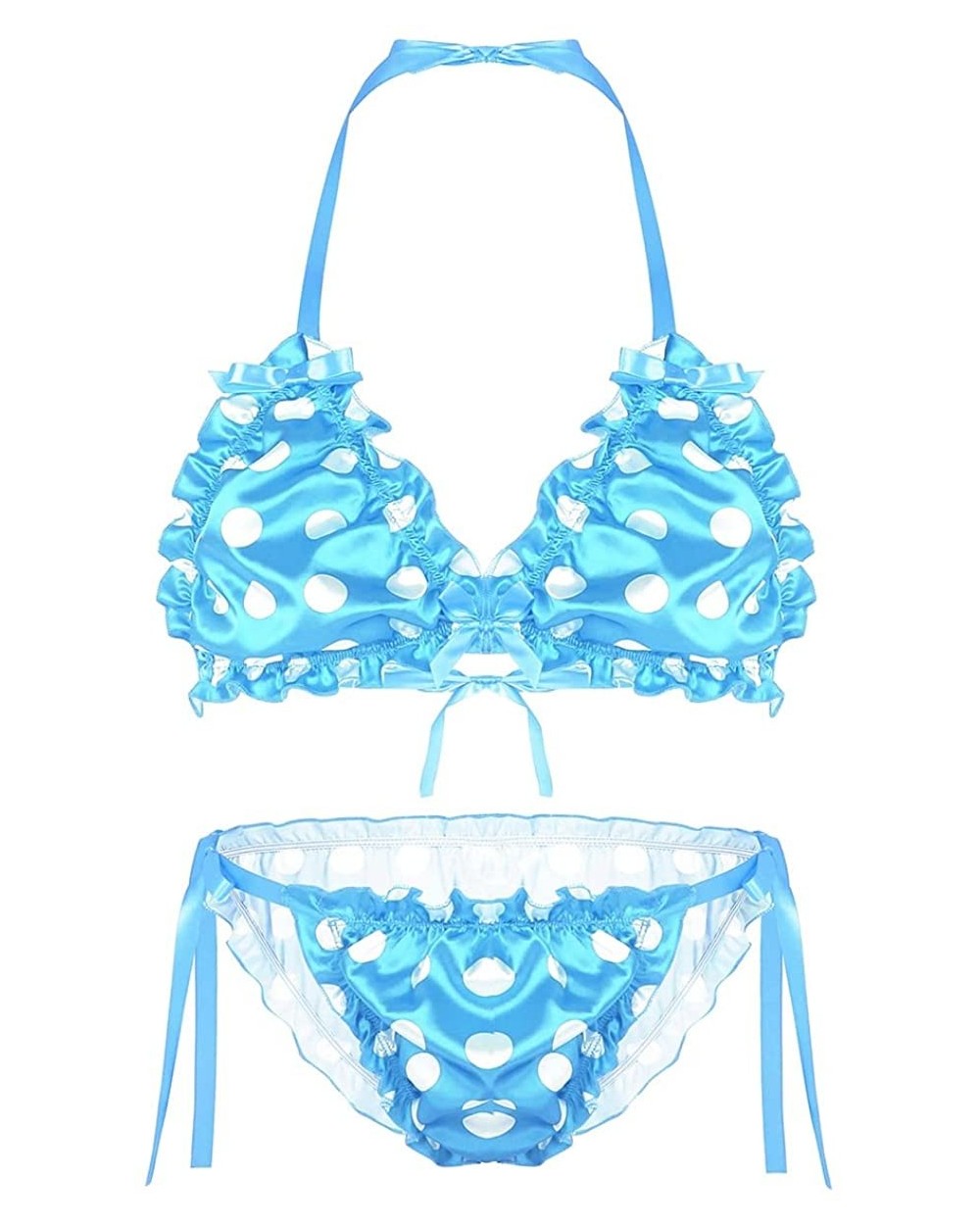 Men's Sheer Nylon Hearts Print Halter Bra Sissy Panties 2 Piece Lingerie Set - Polka Dots Sky Blue - CX18G0RLEQC $28.62 Bras