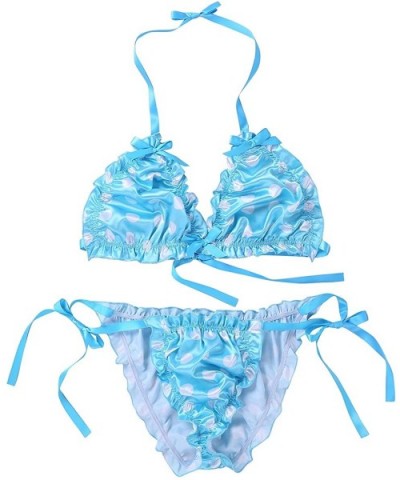 Men's Sheer Nylon Hearts Print Halter Bra Sissy Panties 2 Piece Lingerie Set - Polka Dots Sky Blue - CX18G0RLEQC $28.62 Bras