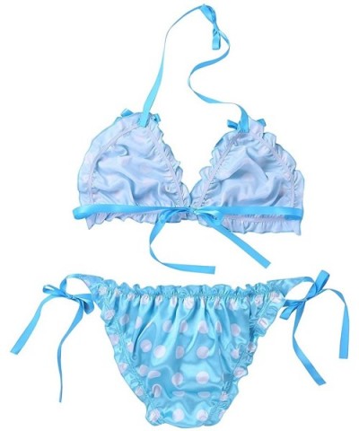 Men's Sheer Nylon Hearts Print Halter Bra Sissy Panties 2 Piece Lingerie Set - Polka Dots Sky Blue - CX18G0RLEQC $28.62 Bras