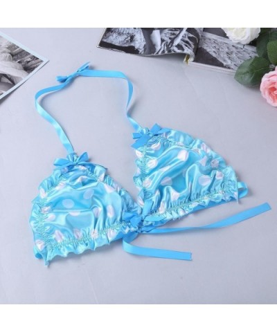 Men's Sheer Nylon Hearts Print Halter Bra Sissy Panties 2 Piece Lingerie Set - Polka Dots Sky Blue - CX18G0RLEQC $28.62 Bras