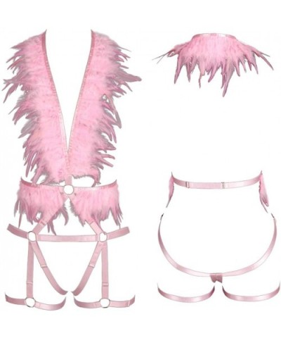 Women Punk Feathers Body Harness Bra Full Strap Cage Bandage Garter Belt - Pink - C319774KYHN $50.31 Garters & Garter Belts