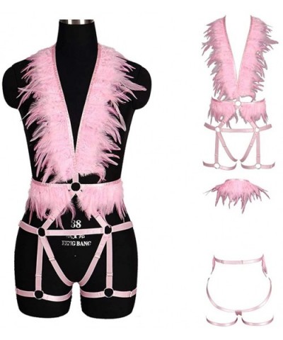 Women Punk Feathers Body Harness Bra Full Strap Cage Bandage Garter Belt - Pink - C319774KYHN $50.31 Garters & Garter Belts