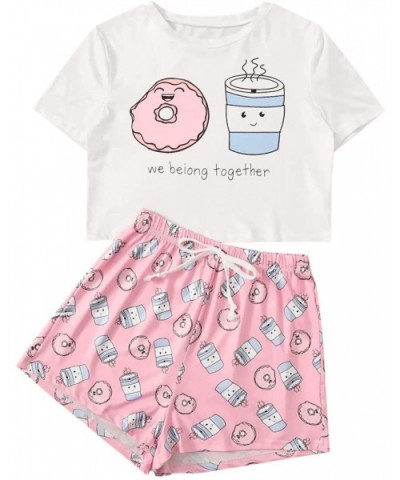 Women's Cartoon Print Tee and Curved Hem Shorts Pajama Set - White and Pink - CI18XOIQOYH $33.38 Sets