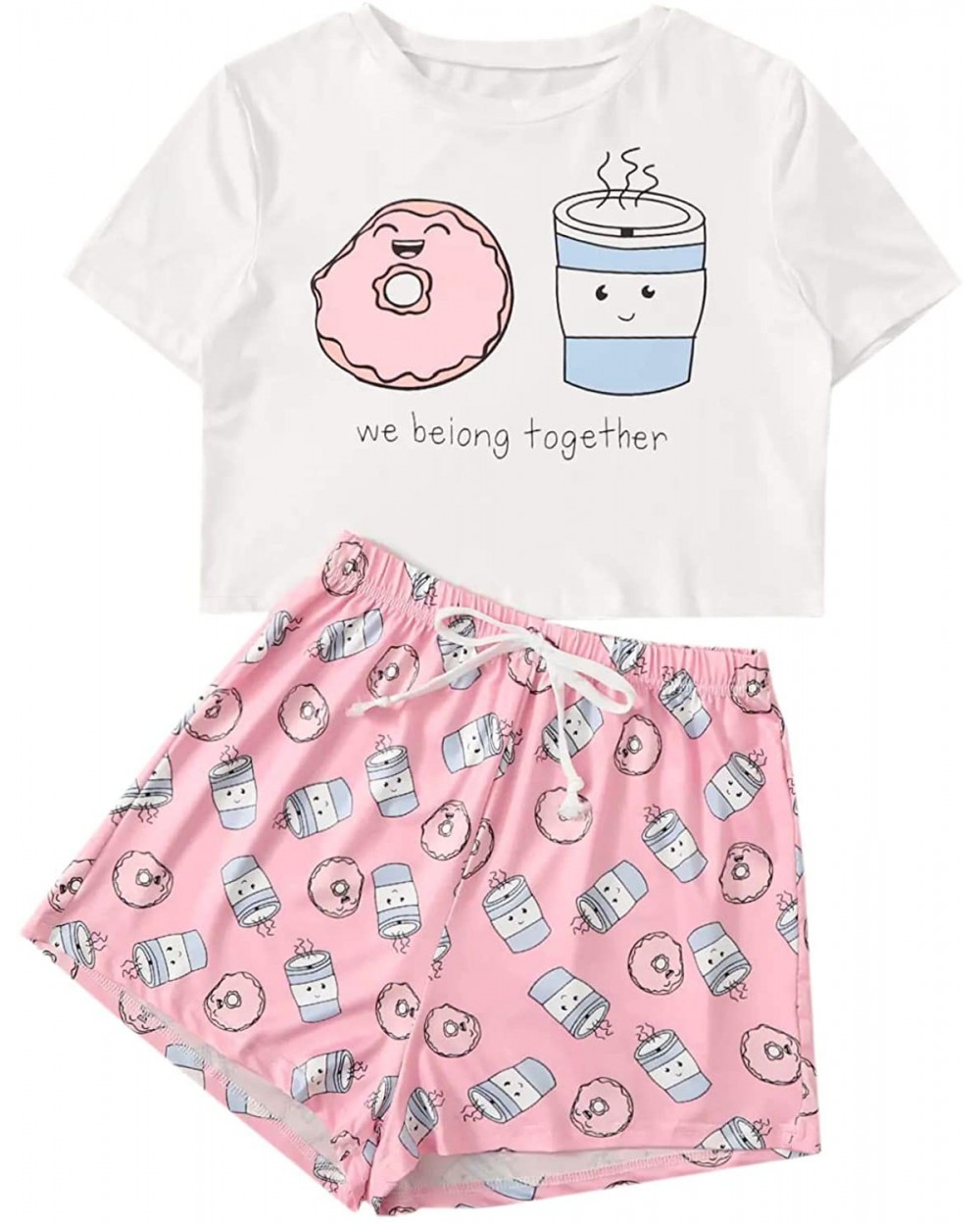 Women's Cartoon Print Tee and Curved Hem Shorts Pajama Set - White and Pink - CI18XOIQOYH $33.38 Sets