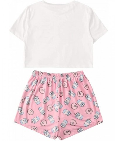 Women's Cartoon Print Tee and Curved Hem Shorts Pajama Set - White and Pink - CI18XOIQOYH $33.38 Sets