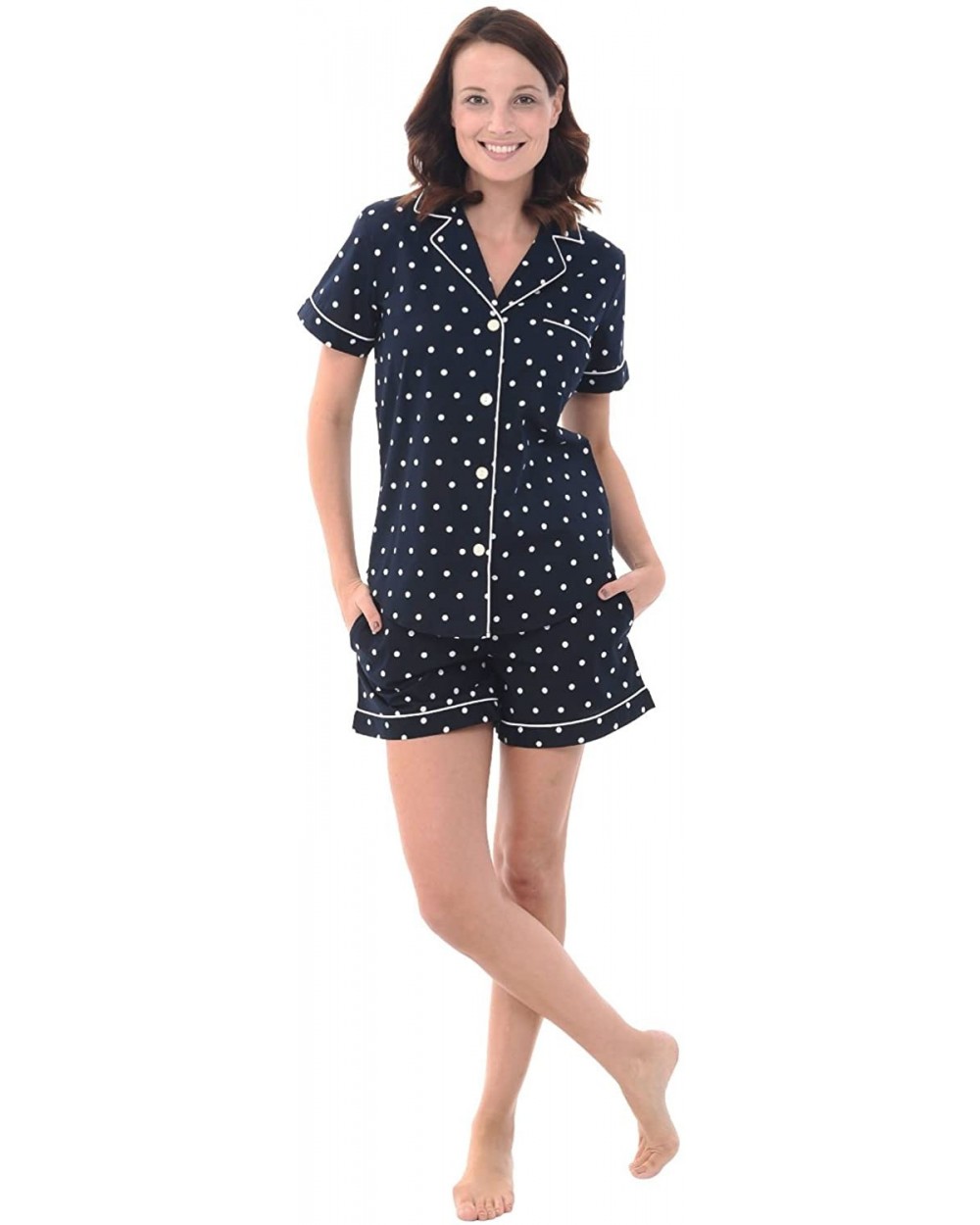 Women's Lightweight Button Down Pajama Set- Short Summer Pjs - Black and White Polka Dot With White Piping - CC12LV2IIOH $46....