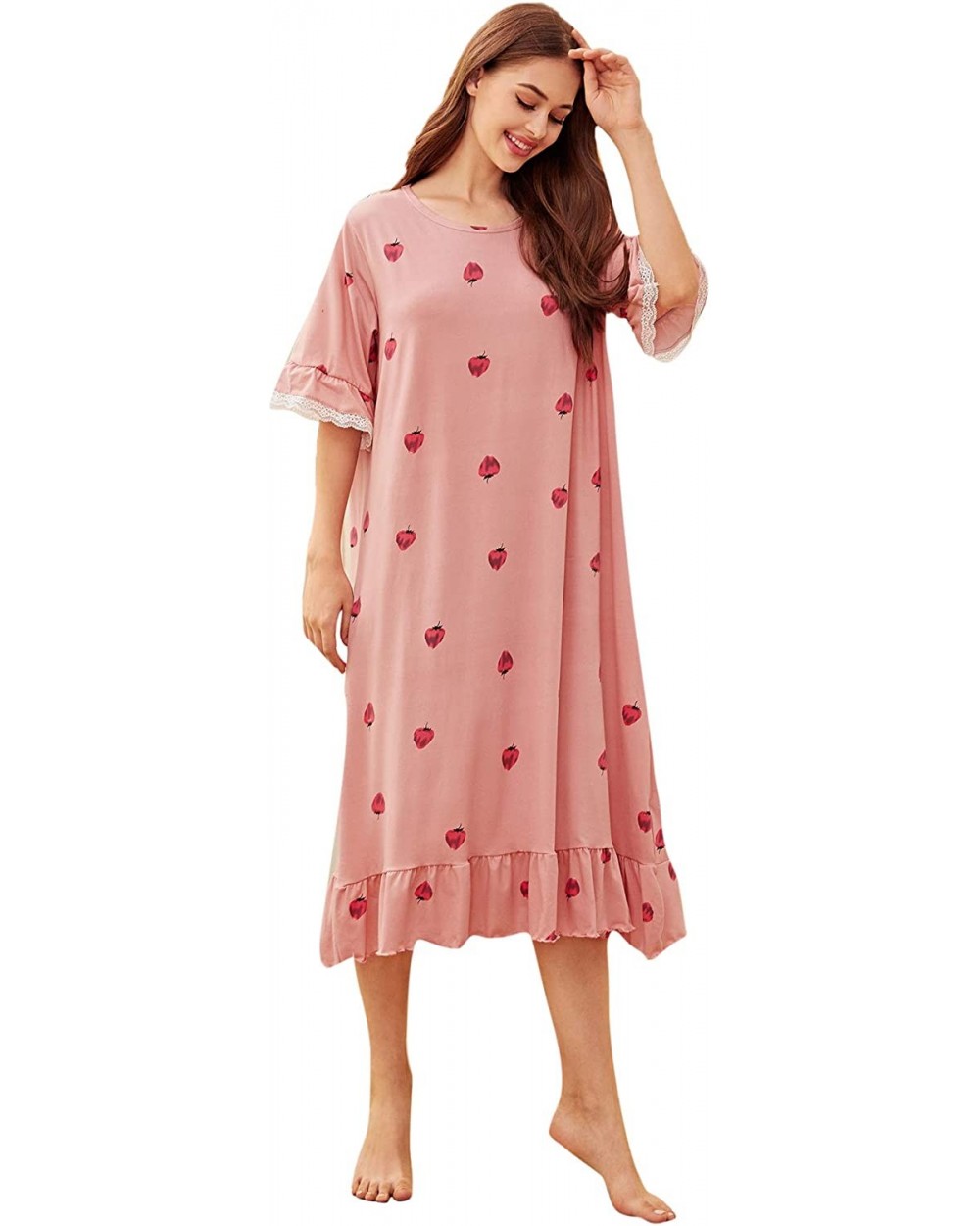 Women's Floral Print Ruffle Hem Short Sleeve Night Dress Nightgown - Pink-2 - CH192KSUAMH $25.46 Nightgowns & Sleepshirts