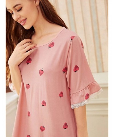 Women's Floral Print Ruffle Hem Short Sleeve Night Dress Nightgown - Pink-2 - CH192KSUAMH $25.46 Nightgowns & Sleepshirts