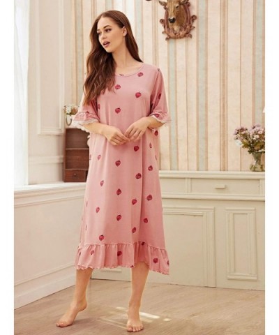 Women's Floral Print Ruffle Hem Short Sleeve Night Dress Nightgown - Pink-2 - CH192KSUAMH $25.46 Nightgowns & Sleepshirts