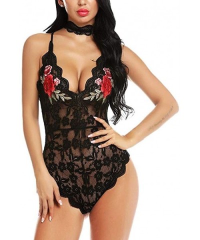 Sexy Lace Lingerie-Women Lace V-Neck Rose Embroidered Lace Jumpsuit Babydoll Sleepwear - Black - CC18YZQQO9A $19.06 Baby Doll...