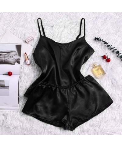 Casual Satin Silk Pajamas-Women Sexy Nightdwear Lingerie Underwear Sleepwear 2Pcs Set - Black - CV197LWGH33 $13.60 Robes