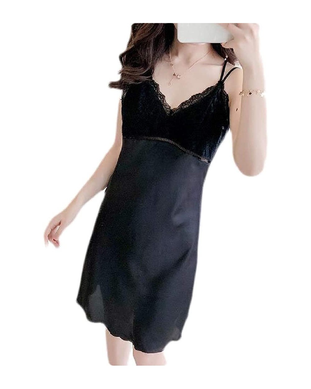 Women's Sexy Spaghetti Strap Satin Sleepwear Nightgown Sleep Dress Sleepwear - Black - C119CSADCDH $37.28 Nightgowns & Sleeps...