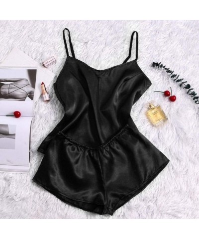 Casual Satin Silk Pajamas-Women Sexy Nightdwear Lingerie Underwear Sleepwear 2Pcs Set - Black - CV197LWGH33 $13.60 Robes