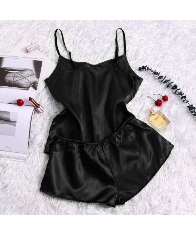 Casual Satin Silk Pajamas-Women Sexy Nightdwear Lingerie Underwear Sleepwear 2Pcs Set - Black - CV197LWGH33 $13.60 Robes