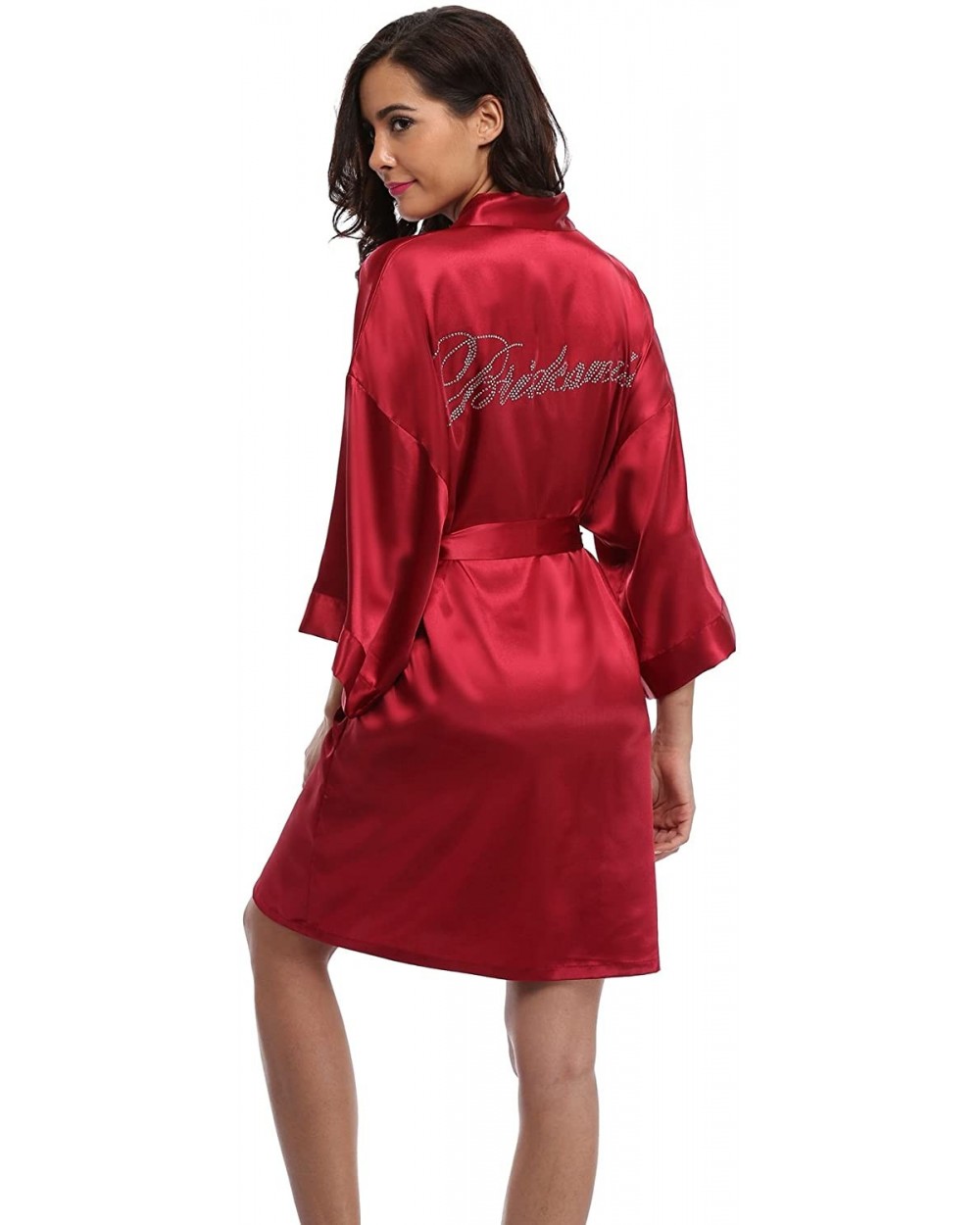 Womens Short Satin Bathrobes Wedding Party Nightgowns Silky Kimono Robes Bridesmaid with Rhinestoned Bridesmaid Red - CW18287...