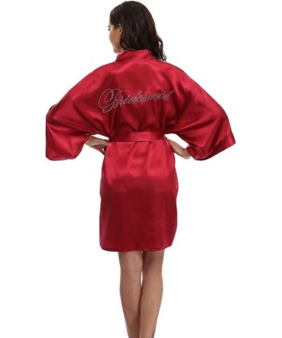 Womens Short Satin Bathrobes Wedding Party Nightgowns Silky Kimono Robes Bridesmaid with Rhinestoned Bridesmaid Red - CW18287...