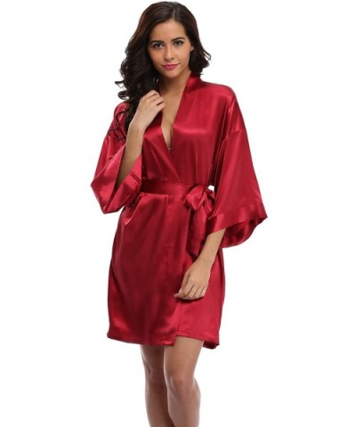 Womens Short Satin Bathrobes Wedding Party Nightgowns Silky Kimono Robes Bridesmaid with Rhinestoned Bridesmaid Red - CW18287...