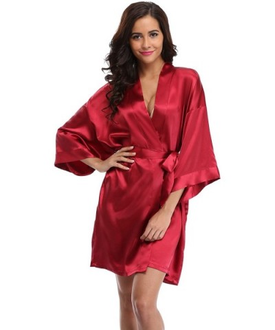 Womens Short Satin Bathrobes Wedding Party Nightgowns Silky Kimono Robes Bridesmaid with Rhinestoned Bridesmaid Red - CW18287...