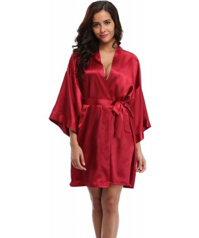 Womens Short Satin Bathrobes Wedding Party Nightgowns Silky Kimono Robes Bridesmaid with Rhinestoned Bridesmaid Red - CW18287...