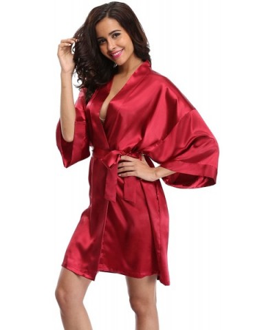 Womens Short Satin Bathrobes Wedding Party Nightgowns Silky Kimono Robes Bridesmaid with Rhinestoned Bridesmaid Red - CW18287...