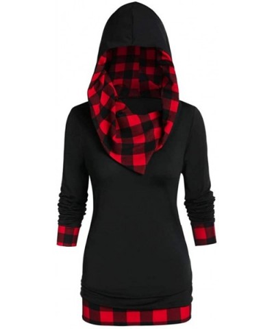 Women's Button Hoodie Sweatshirt Tunic Dress Pullover Cowl Neck Plaid Drawstring Tops - Red - CB18ZZZ577K $37.69 Thermal Unde...