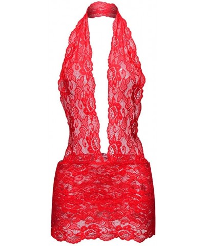 Deep V Neck Teddy Lace Babydoll Bodysuit Nightwear Dress Chemise Sleepwear - Red - CN193IZ2YMG $14.12 Baby Dolls & Chemises