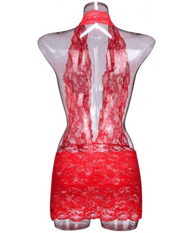 Deep V Neck Teddy Lace Babydoll Bodysuit Nightwear Dress Chemise Sleepwear - Red - CN193IZ2YMG $14.12 Baby Dolls & Chemises