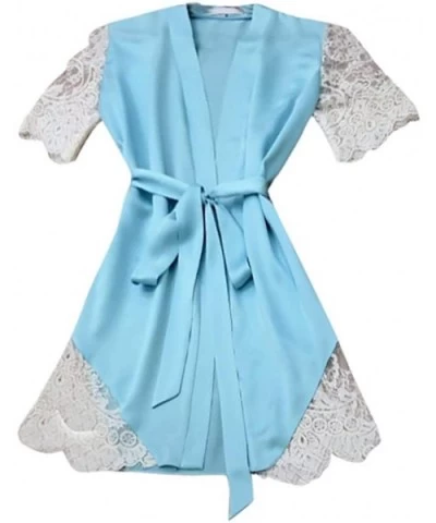 Sexy Sleepwear-Women's Bathrobes Short Lace Satin Kimono Robes Bridesmaids Pajamas with Oblique - Blue - CM193Q3WK5Z $16.81 N...