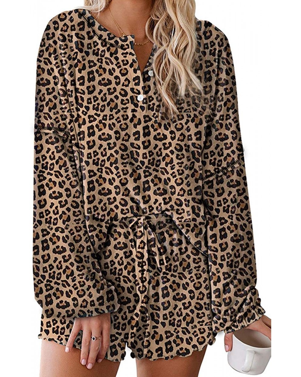 Womens Pajamas Set Long Sleeve Tee and Shorts Pants Lounge wear - Leopard - CN1980Z6IAG $43.99 Sets