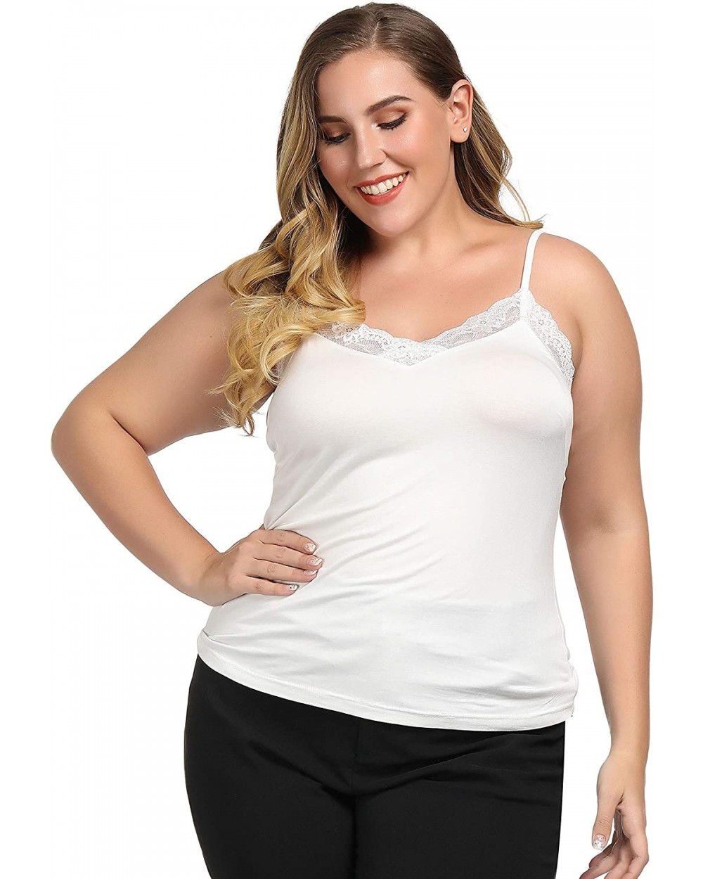 Women's Plus Size Stretch Chic Modal Jersey Camisole with Lace Trim - Ivory - CL18EQCNC90 $21.98 Camisoles & Tanks