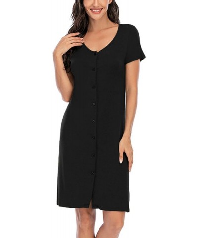 Women's Nightshirt Soft Short Sleeve Button Down Nightgown Boyfriend Sleepshirt Nightdress - Black - C419D6L5608 $36.63 Night...