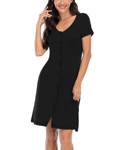 Women's Nightshirt Soft Short Sleeve Button Down Nightgown Boyfriend Sleepshirt Nightdress - Black - C419D6L5608 $36.63 Night...