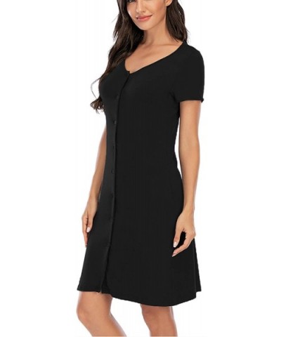 Women's Nightshirt Soft Short Sleeve Button Down Nightgown Boyfriend Sleepshirt Nightdress - Black - C419D6L5608 $36.63 Night...