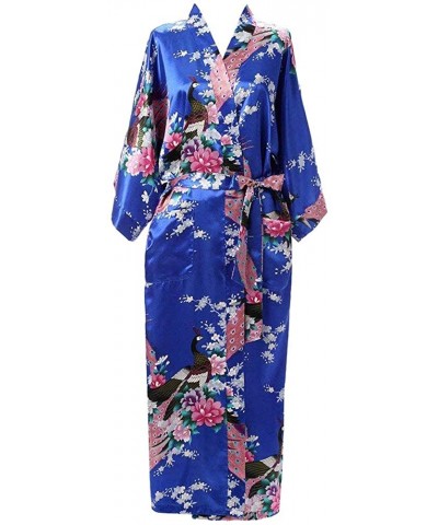 Spa Bathrobes for Women - Printed Peacock Kimono Hooded V-Neck Summer Lightweight Long Robe Sleepwear - Blue - C118HYGIQW5 $4...